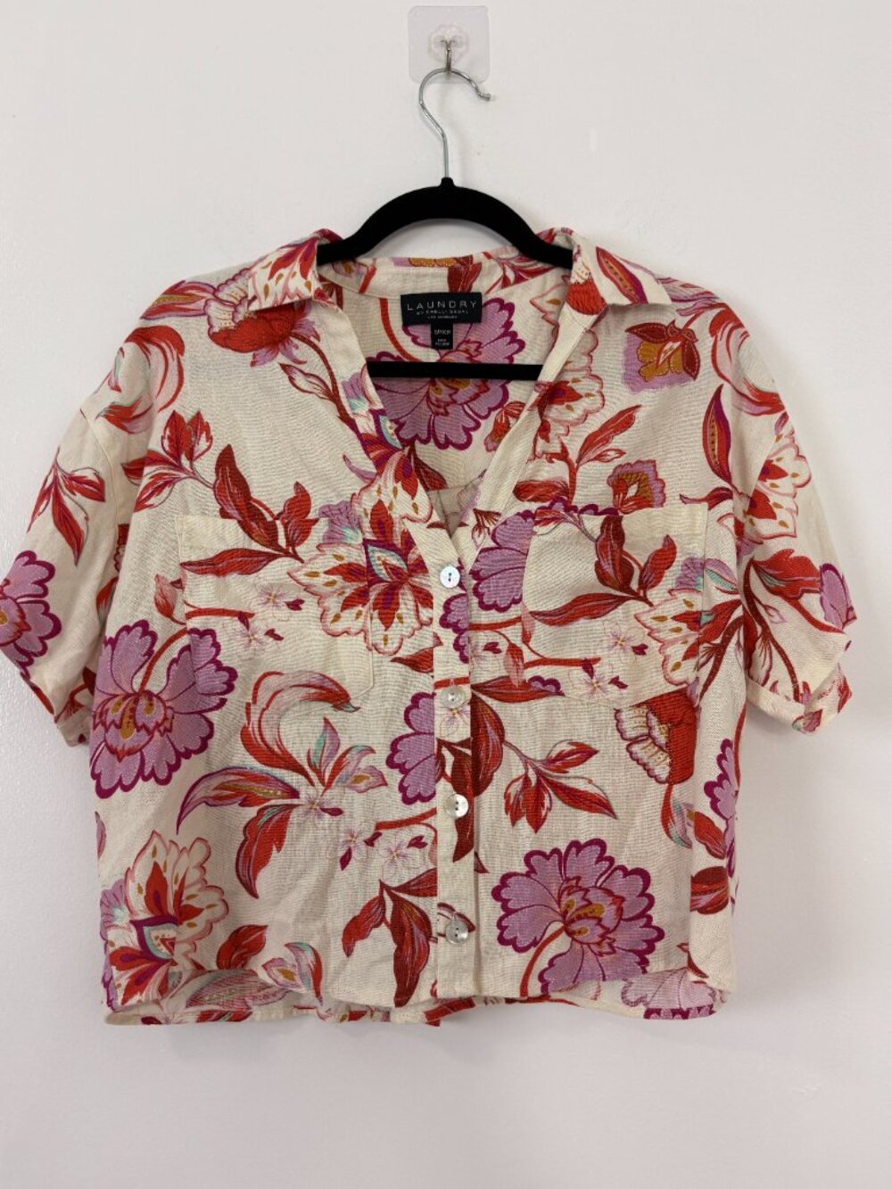 Laundry by Shelli Segal Floral Linen Blend Cropped Shirt Wide Leg Set Size SCoor - Picture 3 of 16